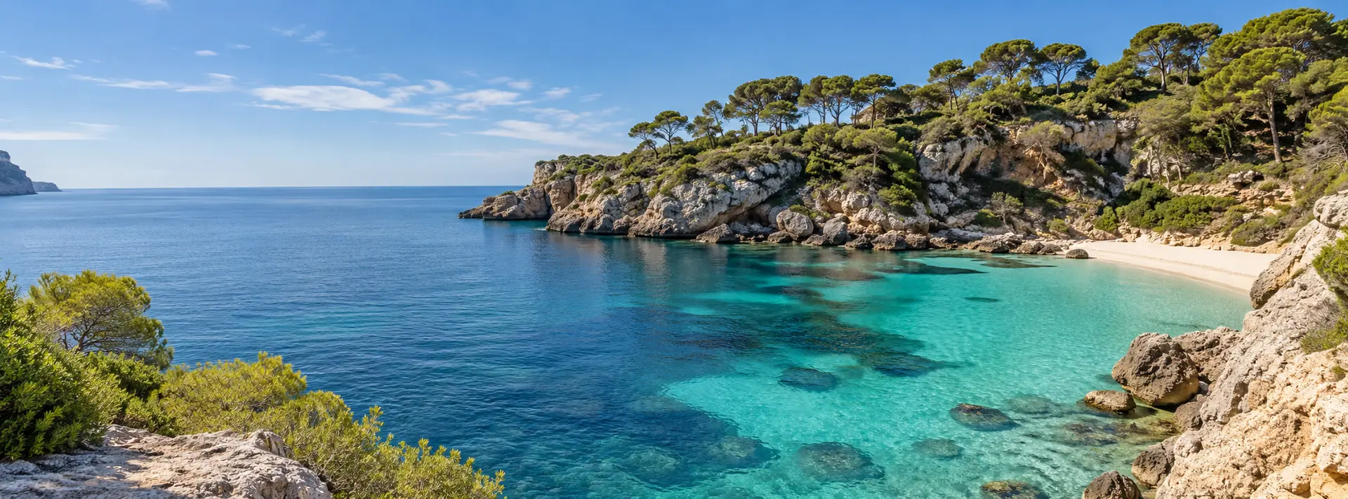 Mallorquinische Bucht mit türkisfarbenem Meer, Kalkfelsen und Pinien